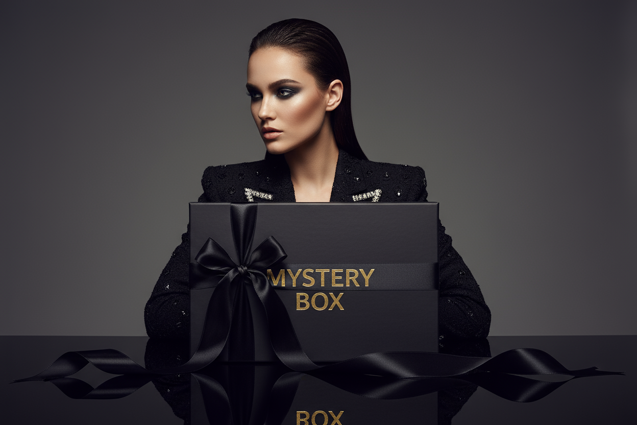 Fashion studio photo showing a black luxury box with a satin ribbon and the words “MYSTERY BOX”, in front of a stylish woman model (half-face or bust, elegant and mysterious).
Neutral dark background, soft studio lighting, premium atmosphere, reflection under the box.
The image should feel luxury, feminine, mysterious, and high fashion, evoking brands like Karl Lagerfeld, Versace Jeans, Denny Rose, Silvian Heach, Iceberg, U.S. Polo.
Keep the center area clean for text overlay.